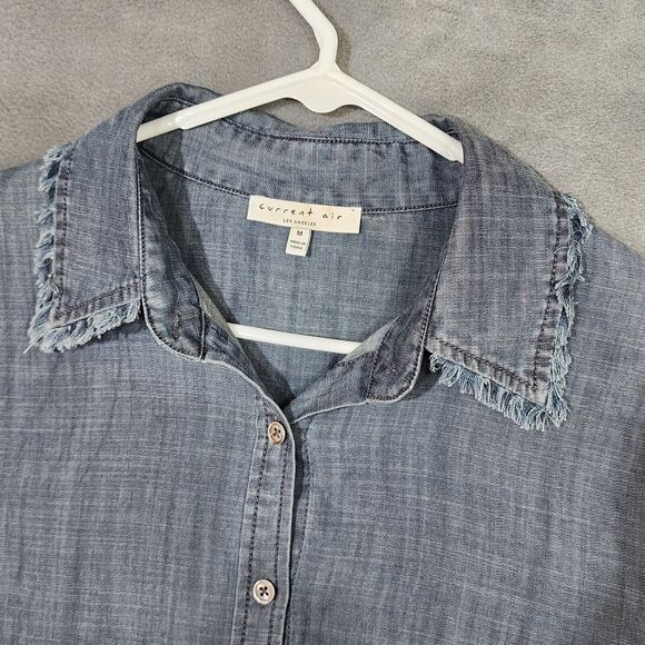 Anthropologie Current Air Chambray Shirt Fray Detail Seams Button Up Blue Medium - Picture 3 of 7